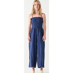 Dex Smocked Jumpsuit Size Medium Navy Linen Blend Adjustable Straps NEW